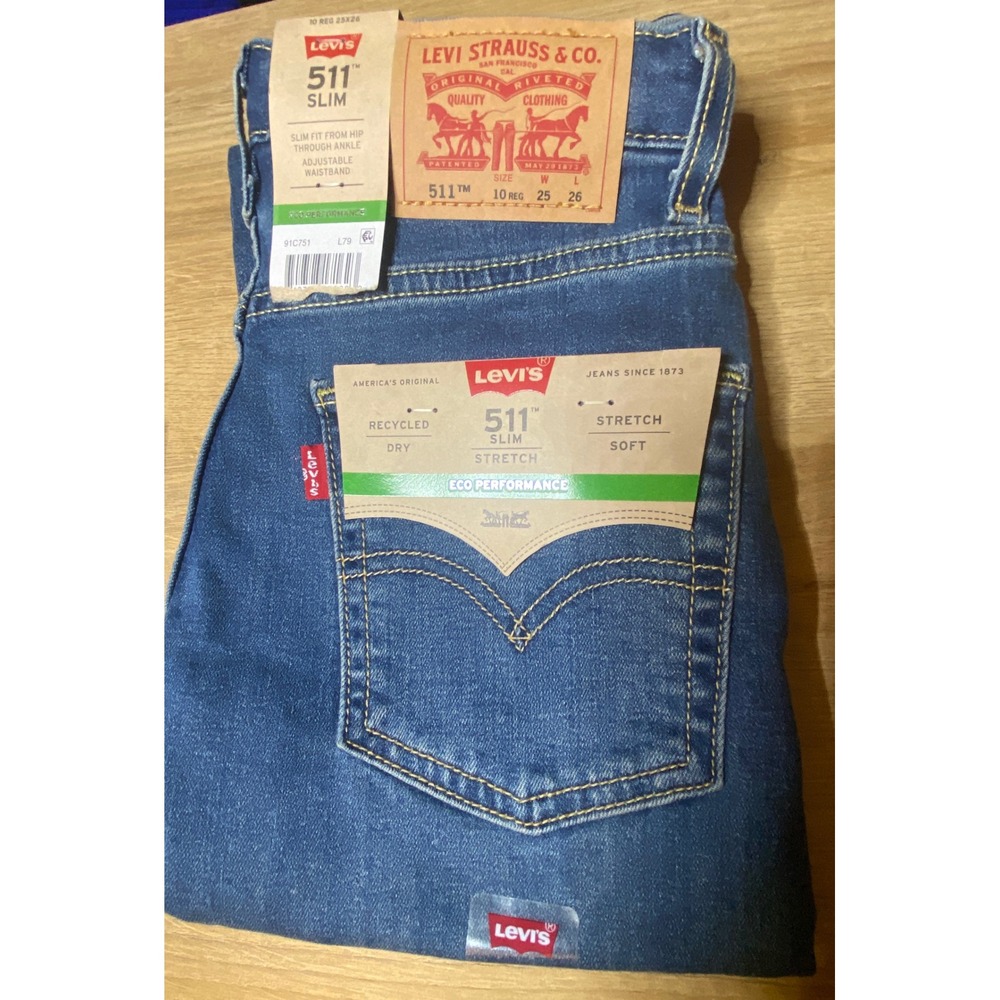 Levis Boys 511 Slim Eco Performance Jeans Size 10 Reg 25x26 Blue Stretch NWT